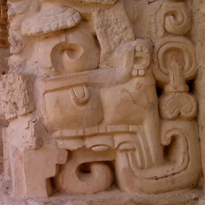 A bas relief at Ek Balam of the Mayan diety, Chaak, the god of all things water. It looks a lot like an elephant to us. <a href=></a>