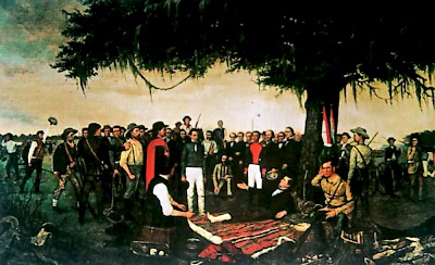 General Santa Anna surrendering to the injured General Sam Houston <a href=></a>