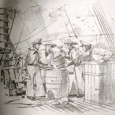 Black and white sketch of Republic of Texas sailors discovering gunpowder in barrels of flour on board the Pelicano. <a href=></a>