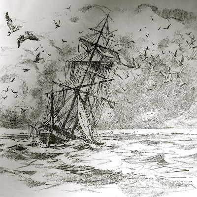 Sketch of the Invincible depicting its final destruction by the forces of nature. <a href=></a>